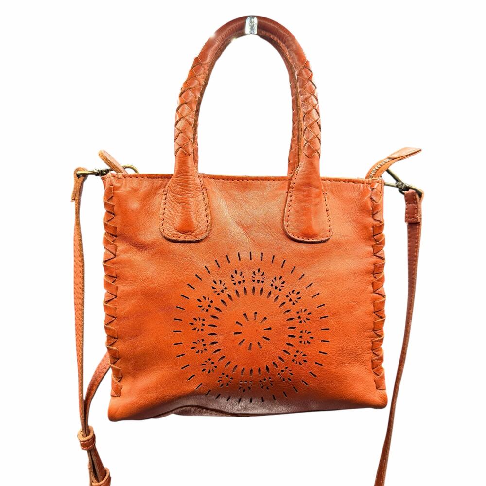 Boho Genuine Leather Cutout Mini Tote Crossbody Orange India